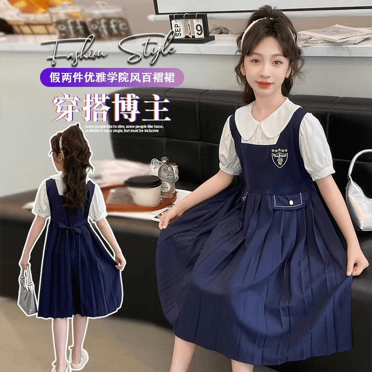 女童裙子夏季2024新款女大童夏装连衣裙初中生女孩学院风洋气jk裙