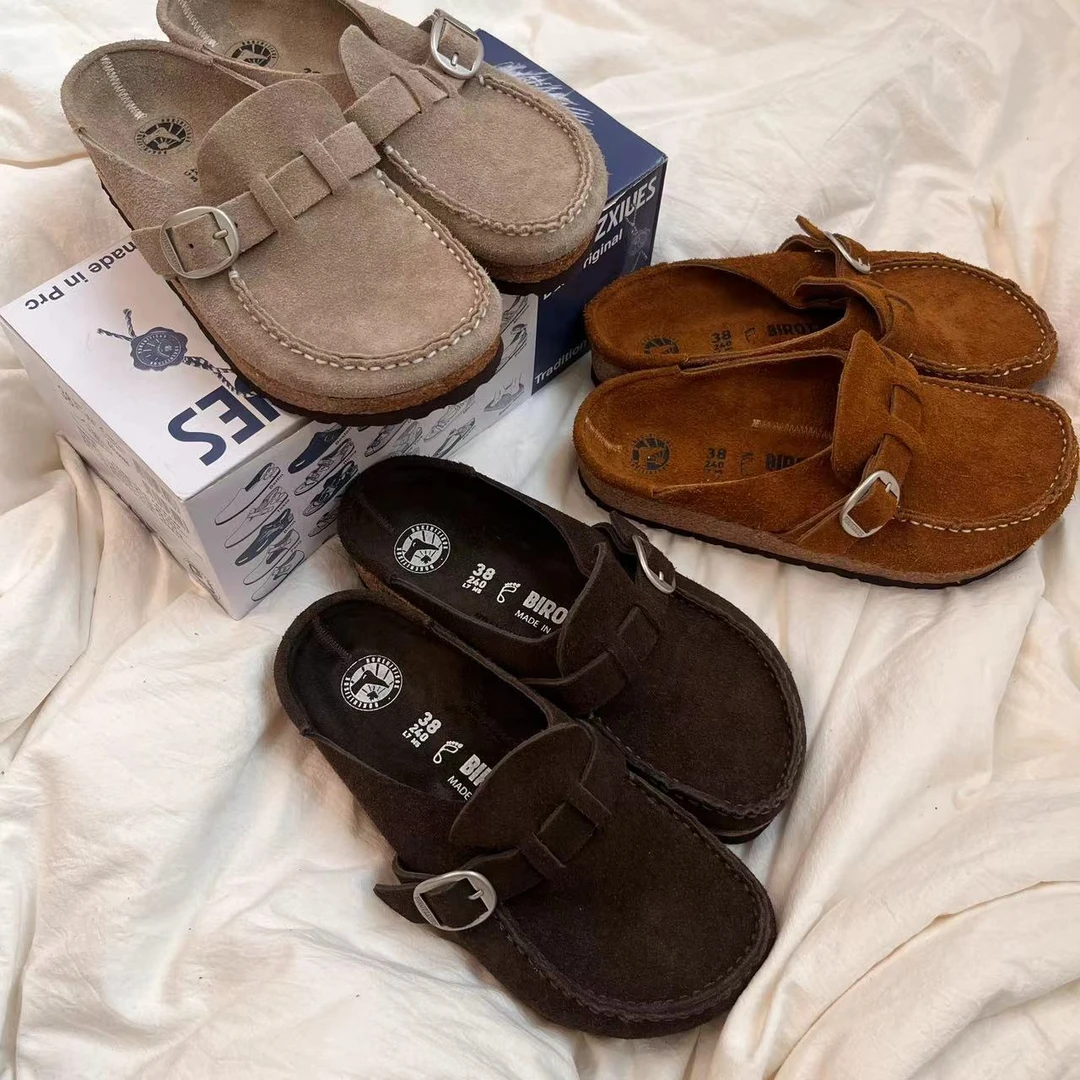 清货！原材勃肯鞋女复古磨砂舒适懒人凉半拖鞋平底外穿包头拖鞋