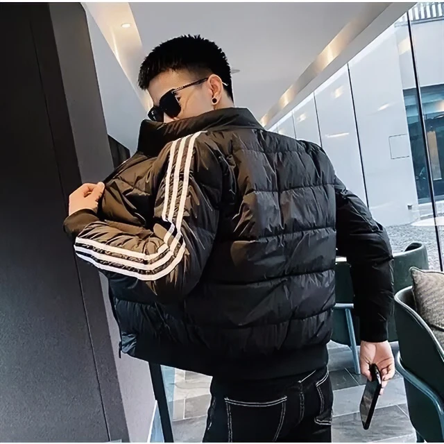 潮牌三杆棉衣男士帅气立领修身潮流保暖外套冬季青年韩版棉服帅气
