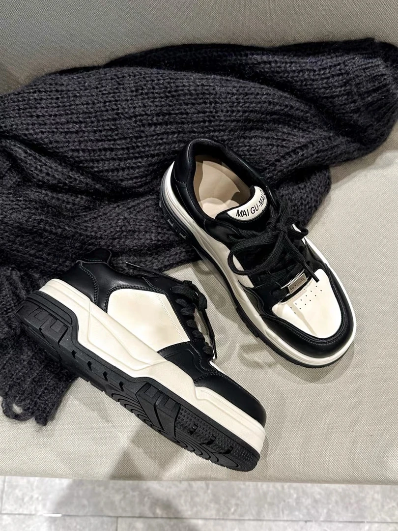 欧货女鞋2024秋季新款韩版真皮厚底增高舒适百搭拼色休闲板鞋