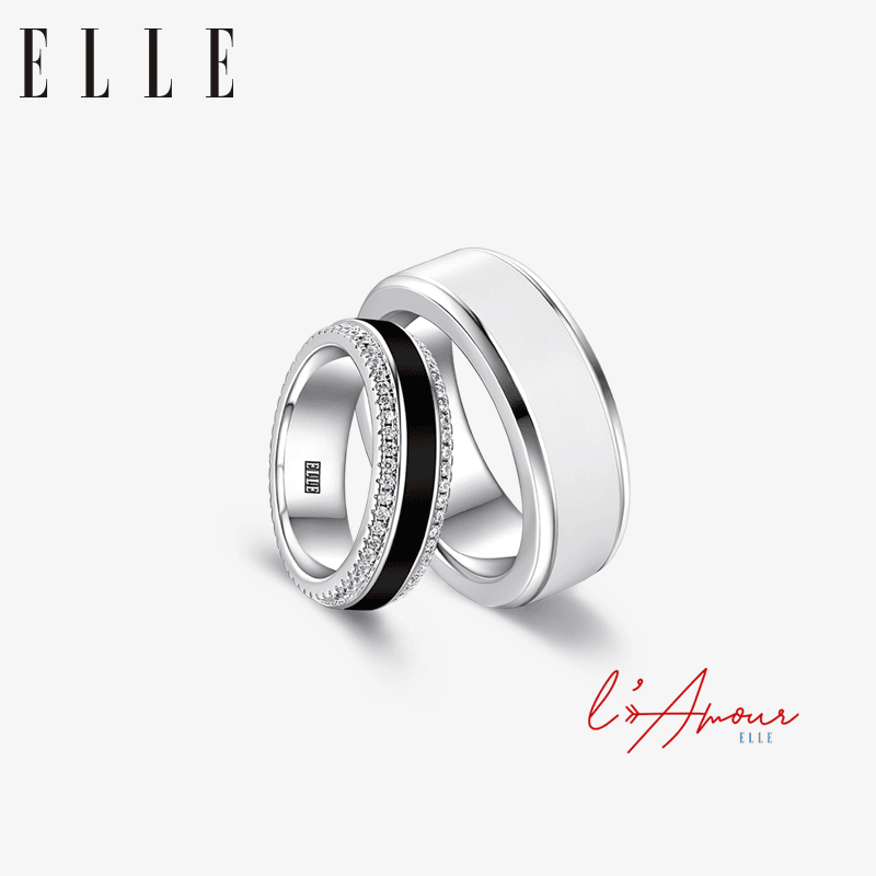 ELLE 铜合金莫桑石戒指 戒指男女情侣对戒黑白素圈婚戒礼物轻奢