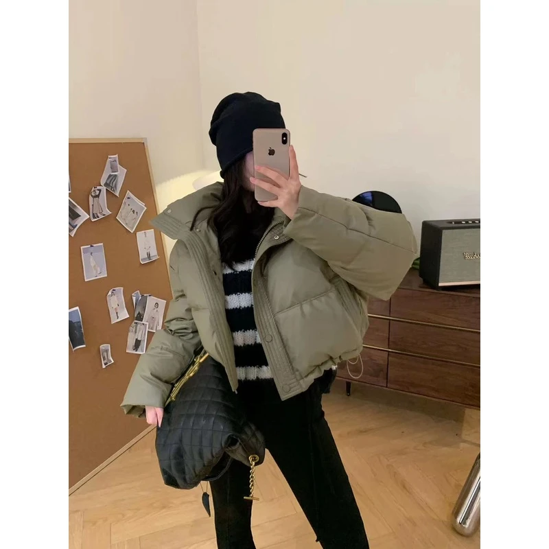 免洗蛋白皮羽绒服女短款2023新款冬季加厚立领面包服小个子肯豆风