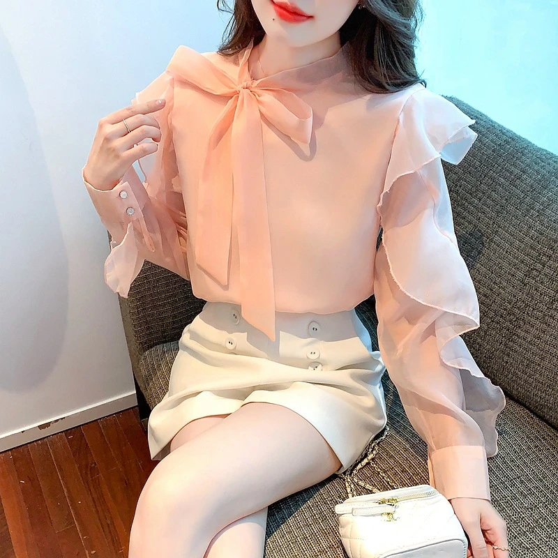 雪纺衬衫女春季新款女装系带荷叶边薄款法式温柔风衬衣墨绿色