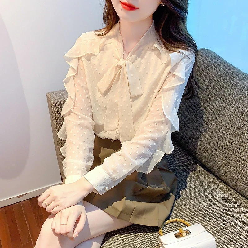 荷叶边系带领宽松衬衫女早春季新款时尚长袖法式白色上衣