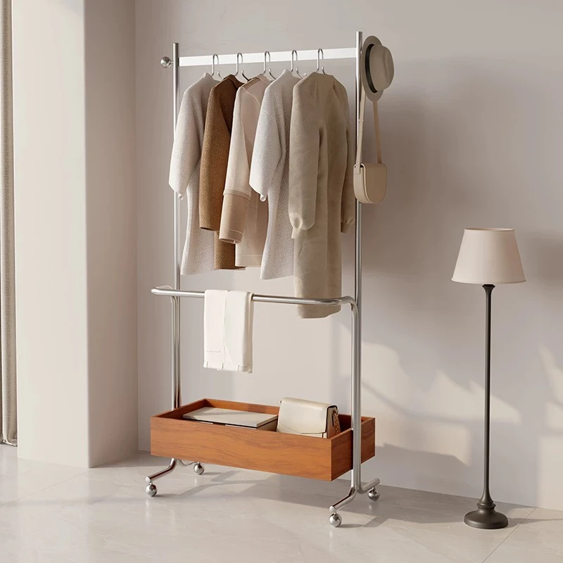 复古衣帽架落地卧室家用简易实木可移动奶油风客厅挂衣架收纳法式
