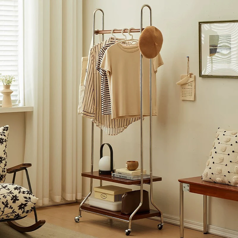 不锈钢衣帽架卧室落地式置物架金属房间可移动不占空间实木挂衣架