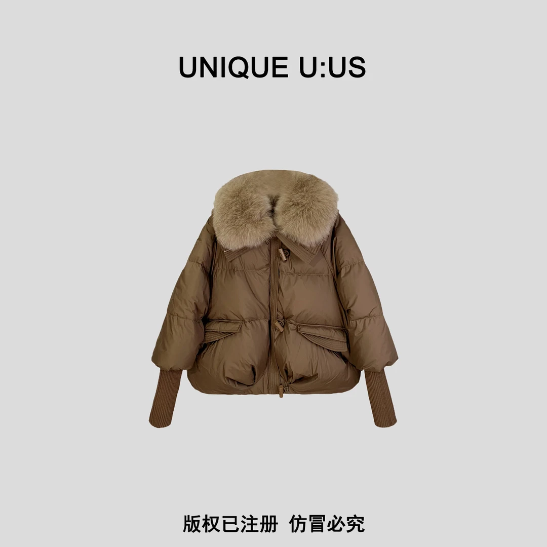 UNIQUE U:US【美式德芙】可拆卸狐狸毛领短款90白鸭羽绒服-2311213