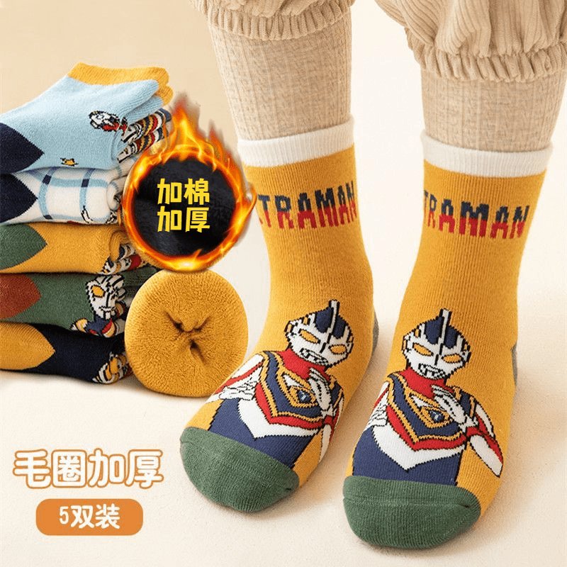 【加厚加绒】儿童奥特曼袜子厚款特厚秋冬季防寒男童宝宝中筒毛圈袜