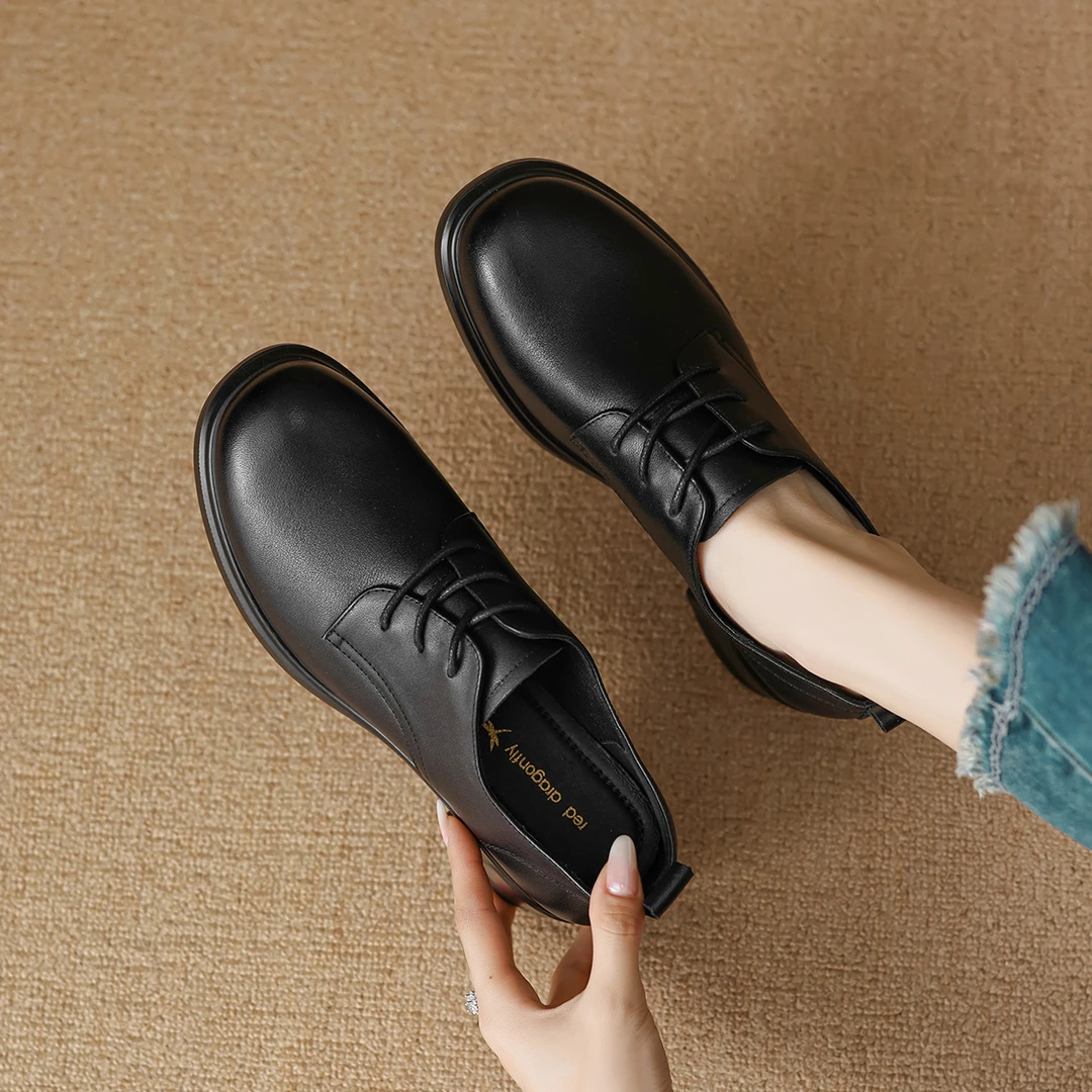 红蜻蜓秋冬新款百搭休闲耐磨单鞋时尚圆头一脚蹬学生系带圆头女鞋