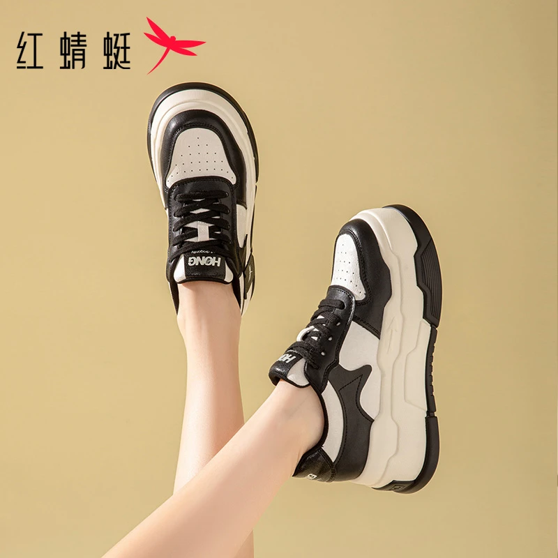 红蜻蜓夏季新款时尚百搭舒适女鞋平跟圆头厚底运动鞋系带透气板鞋