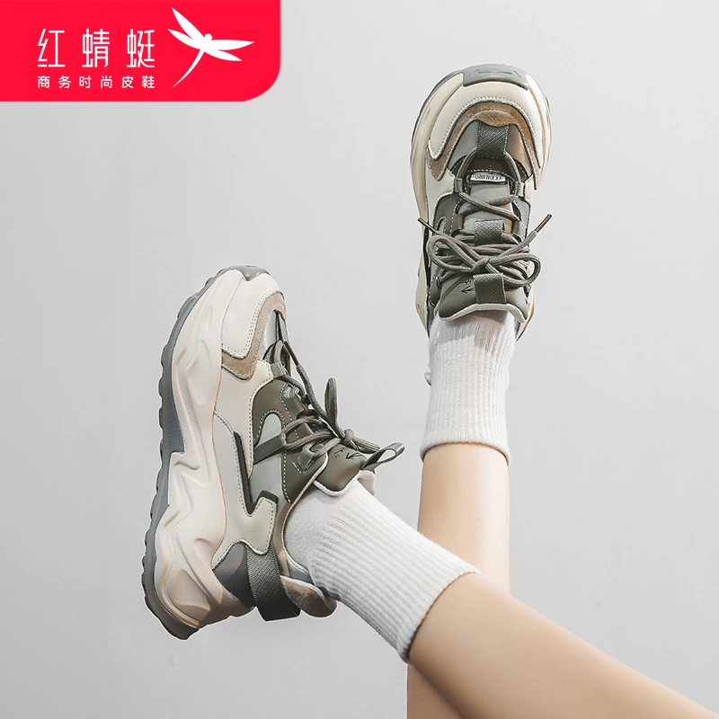 红蜻蜓秋季新款时尚百搭舒适女鞋经典潮流系带运动休闲厚底老爹鞋