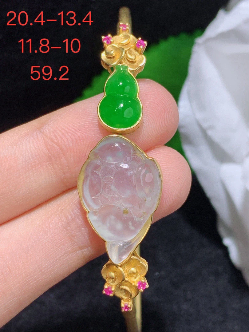 天然缅甸A货翡翠18k金莲花葫芦手镯