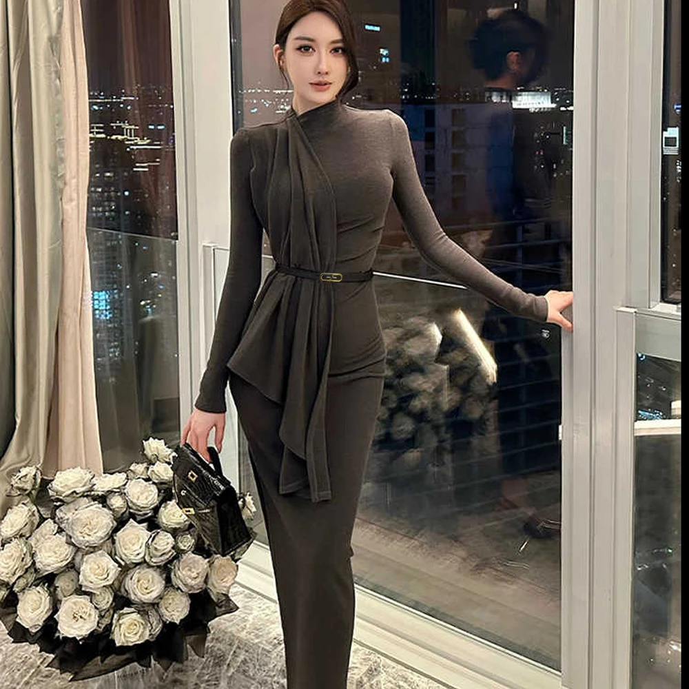 灰色连衣裙女春季法式气质辣妹修身显瘦收腰长袖开叉包臀长裙