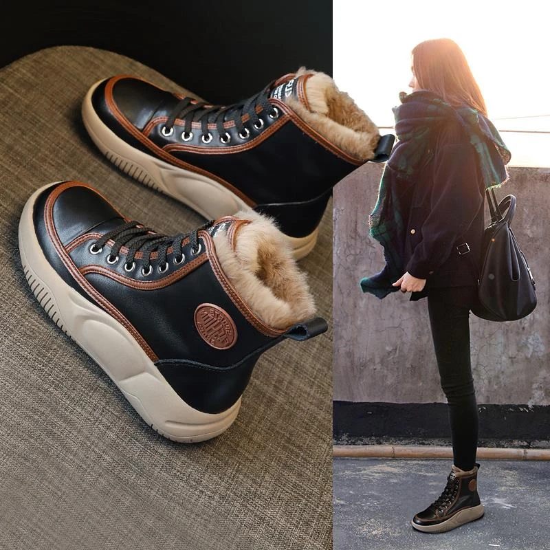 万达撤柜头层牛皮高帮鞋女冬季显瘦2025年加厚保暖棉鞋软底雪地靴