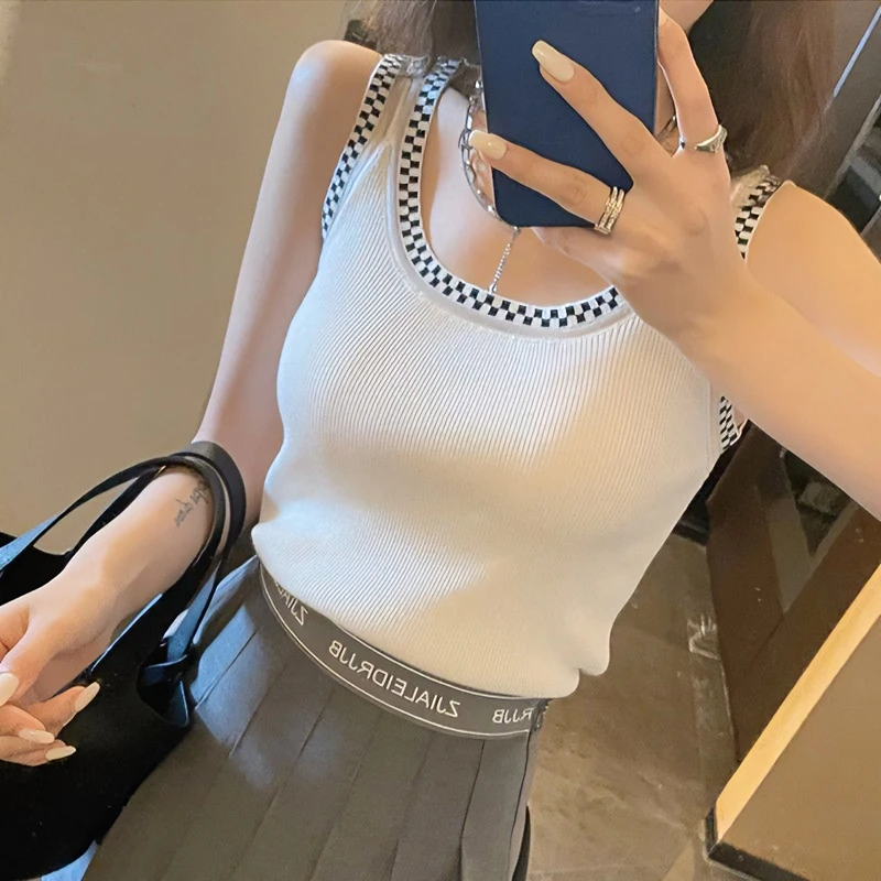 格纹吊带冰丝背心女夏季新款外穿百搭小众设计感显瘦针织打底上衣