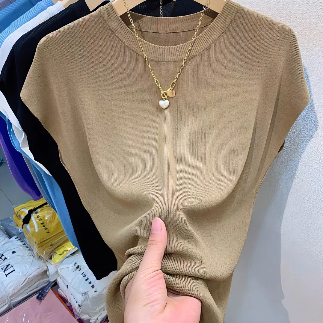 圆领冰丝针织衫T恤女2024新款小飞袖修身显瘦时尚百搭打底衫上衣