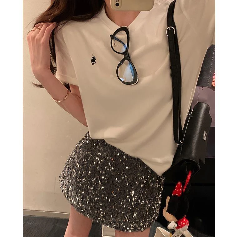 纯色刺绣小马短袖T恤女韩版圆领正肩宽松打底衫上衣2024休闲百搭