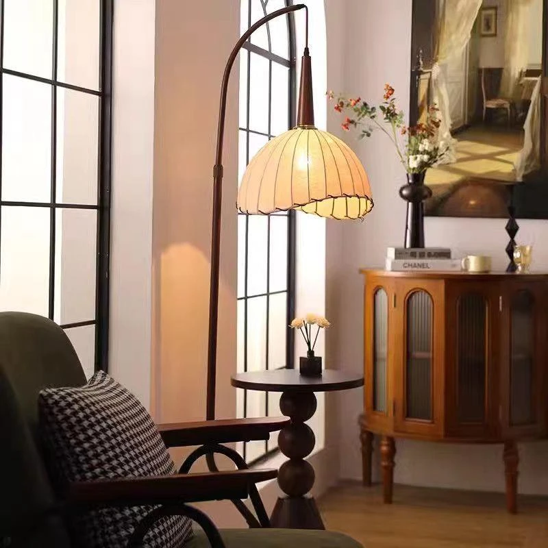 新款网红中古落地灯客厅沙发旁氛围复古床头置物架一体卧室钓鱼灯