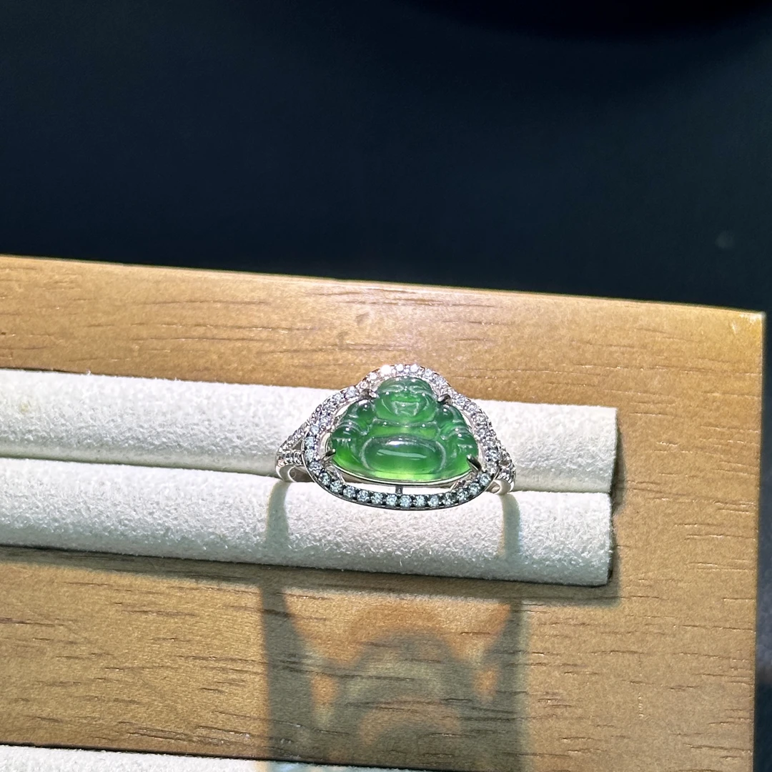 S925银镶冰阳绿佛公戒指天然翡翠A货