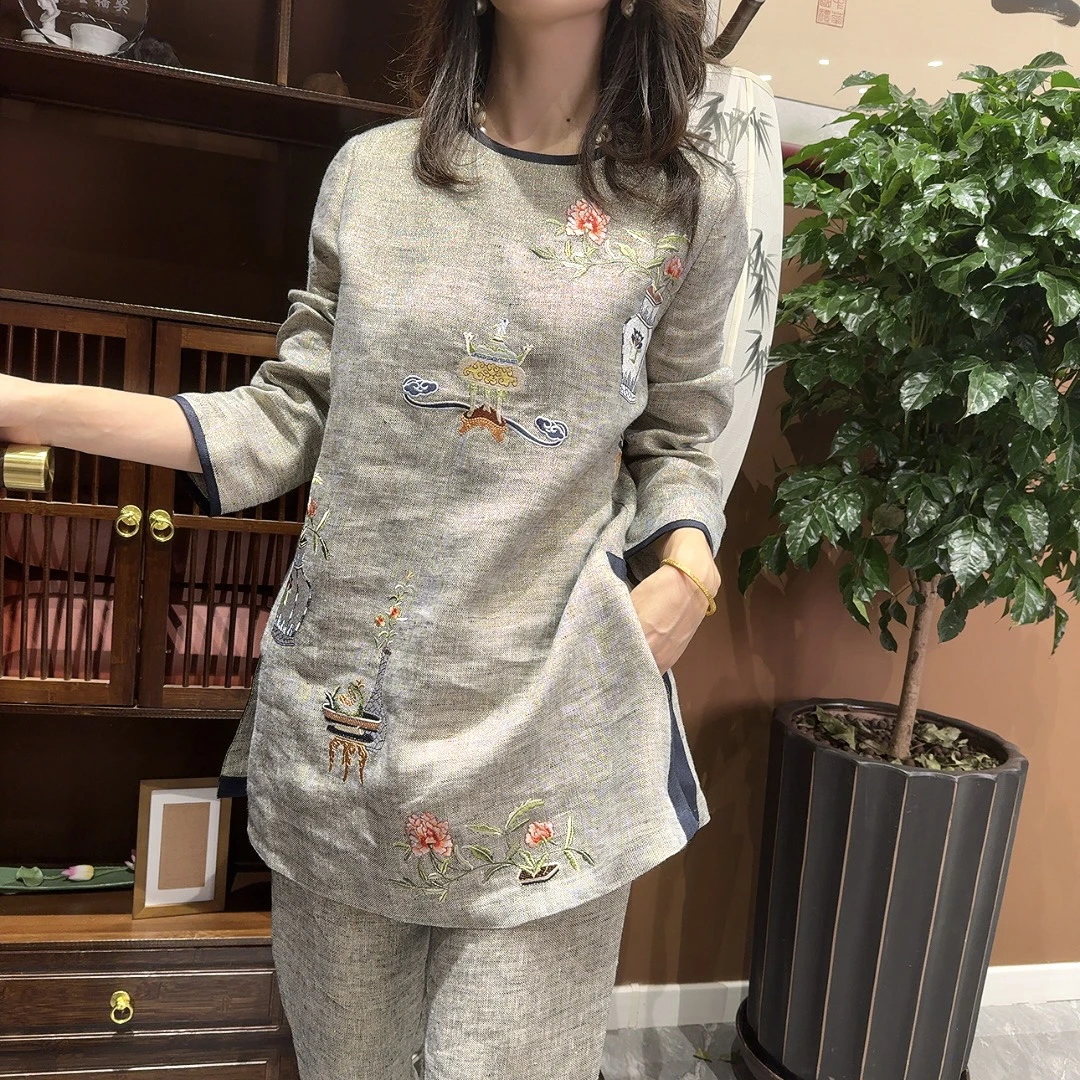 轻奢金丝麻宝瓶如意刺绣中长上衣