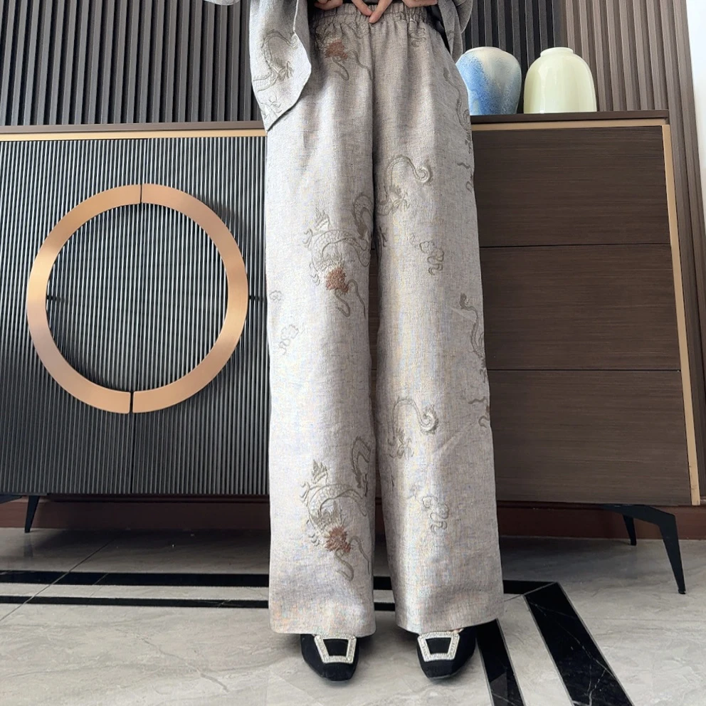 龙纹刺绣金丝麻阔腿裤