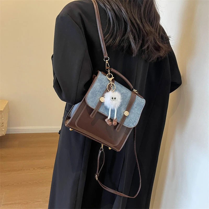 复古牛仔双肩包女包包2024新款潮学生上课背包百搭单肩手提书包