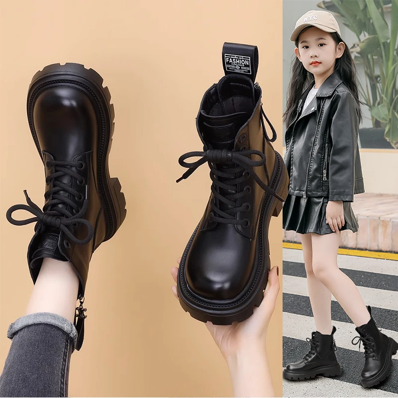 女童马丁靴6-12岁秋冬款2025新款加绒儿童短靴洋气女童鞋大棉靴子