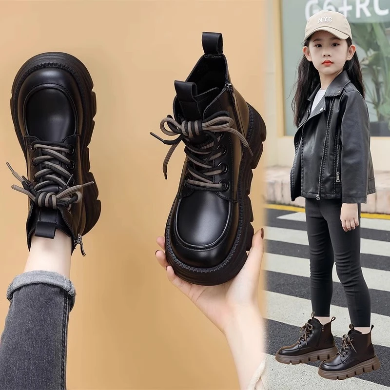 女童马丁靴洋气潮2024秋冬新款儿童靴子女童鞋皮靴短靴加绒男童鞋