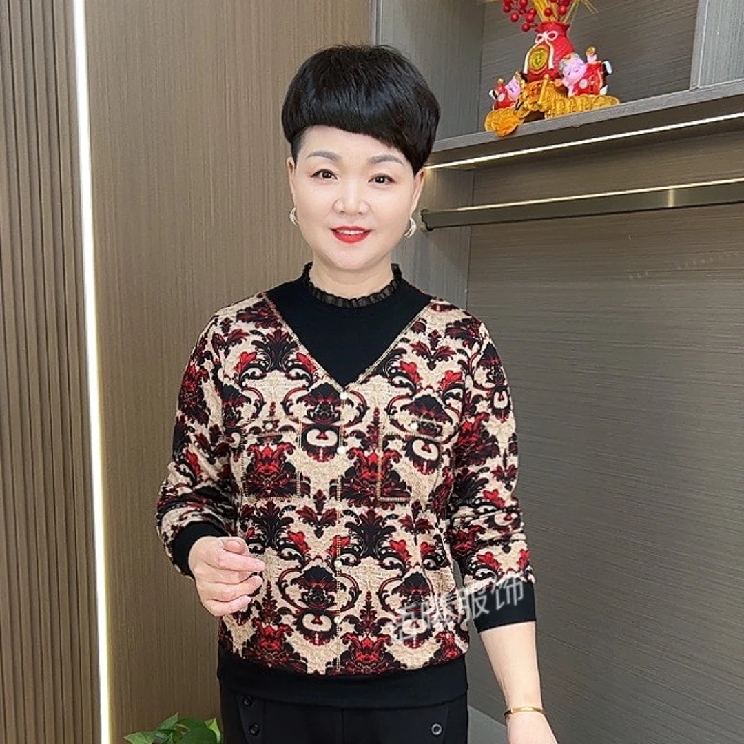 2024新款时尚洋气休闲百搭假两件长袖妈妈装F5795