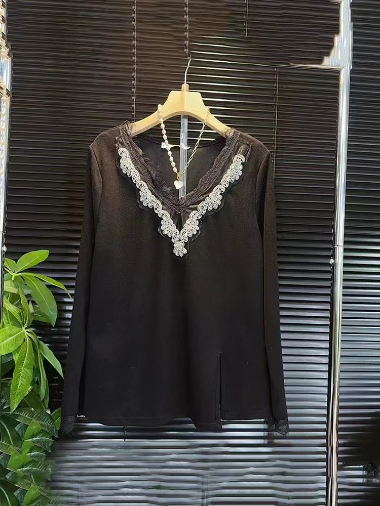 506 V领蕾丝边长袖小衫大码女装侧开叉小衫法式设计感百搭上衣NJ