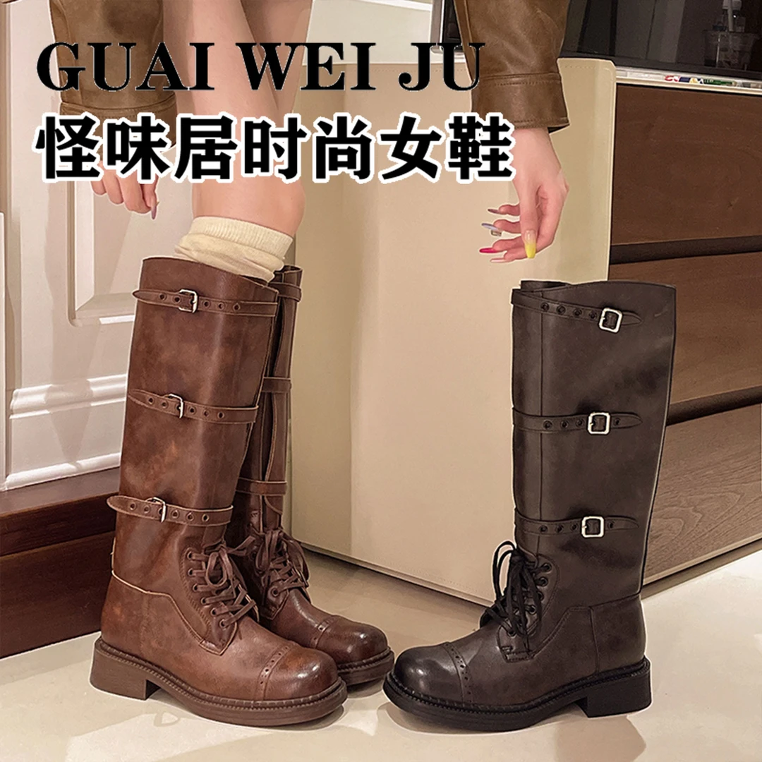 棕色不过膝长筒靴女2024春夏新款百搭西部牛仔靴长靴高筒粗跟靴子
