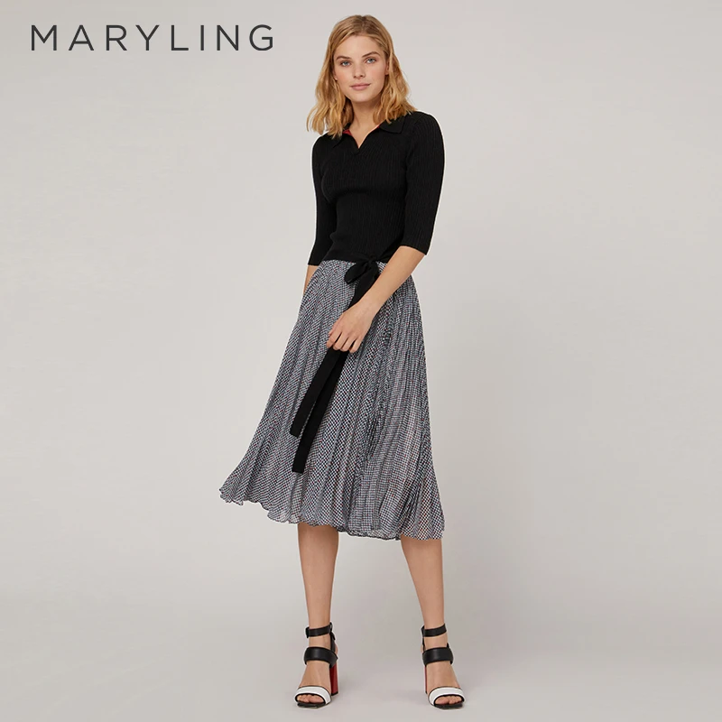 MARYLING玛俪琳秋季黑色时尚绑带翻领修身羊毛针织衫A1CAW01600