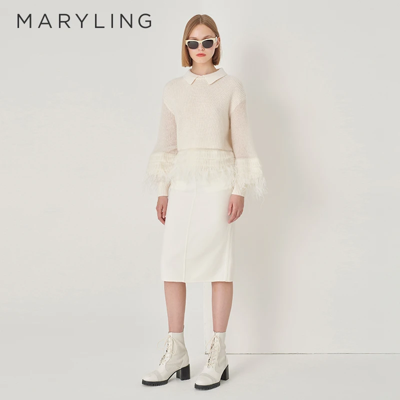 MARYLING玛俪琳秋季时尚减龄米白色小翻领针织套头衫A1DGW03210