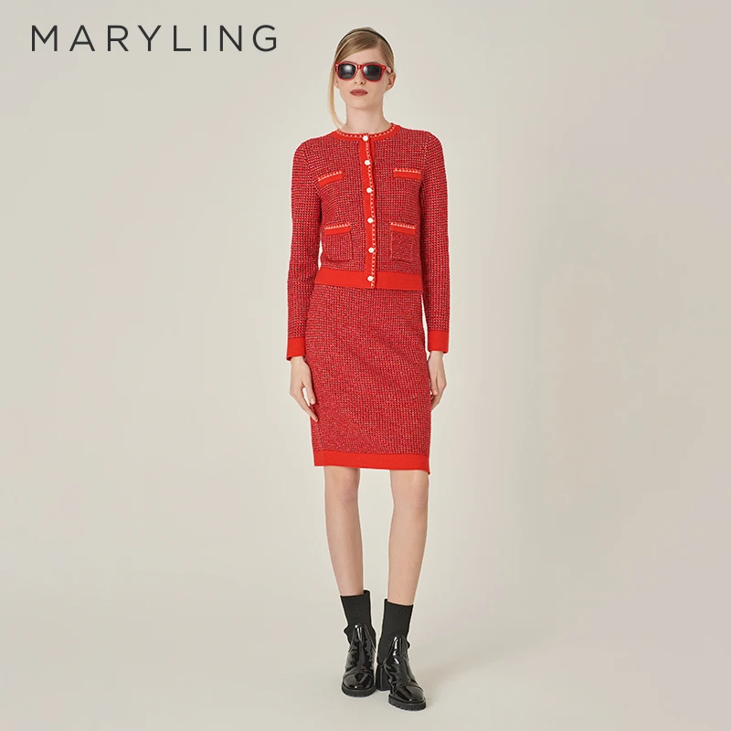 MARYLING玛俪琳2024冬季新品复古优雅红色圆领针织开衫A1EIW08620