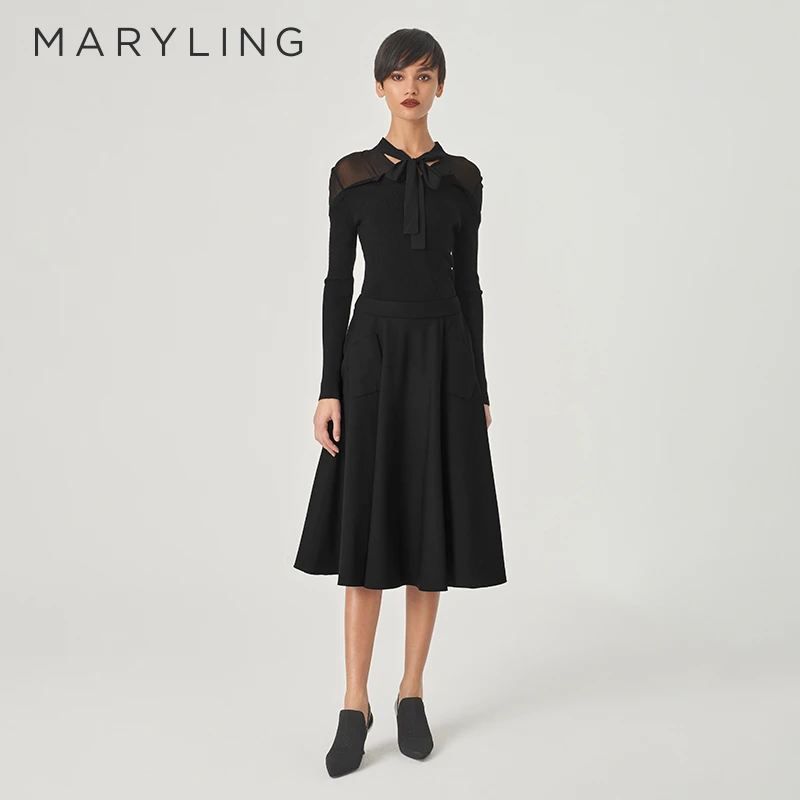MARYLING玛俪琳2024初春新品时尚黑色针梭收腰针织上衣A1EAW26090