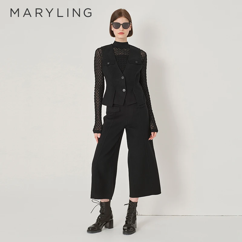 MARYLING玛俪琳秋冬复古黑色双口袋八分双面呢阔腿裤A1DGW51280