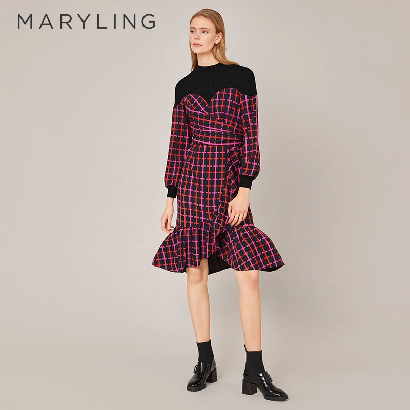 MARYLING玛俪琳秋冬季气质霓虹网格印花针梭鱼尾连衣裙A1BIW66560