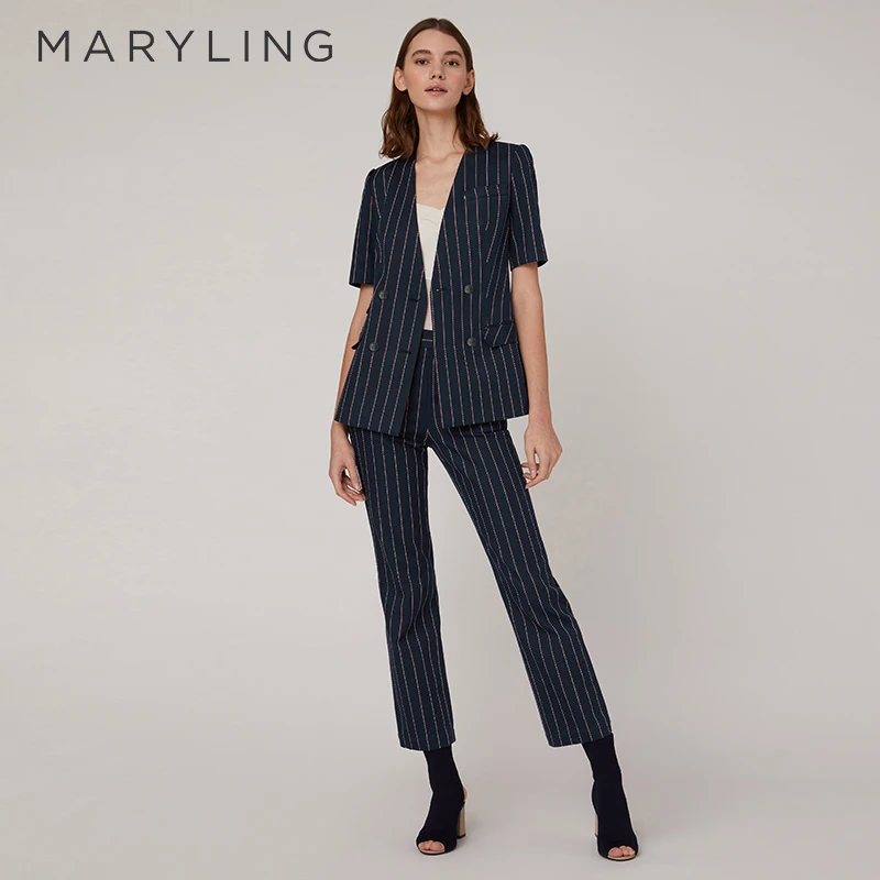 MARYLING玛俪琳夏季时尚优雅蓝底条纹双排扣短袖外套A1CCW14810