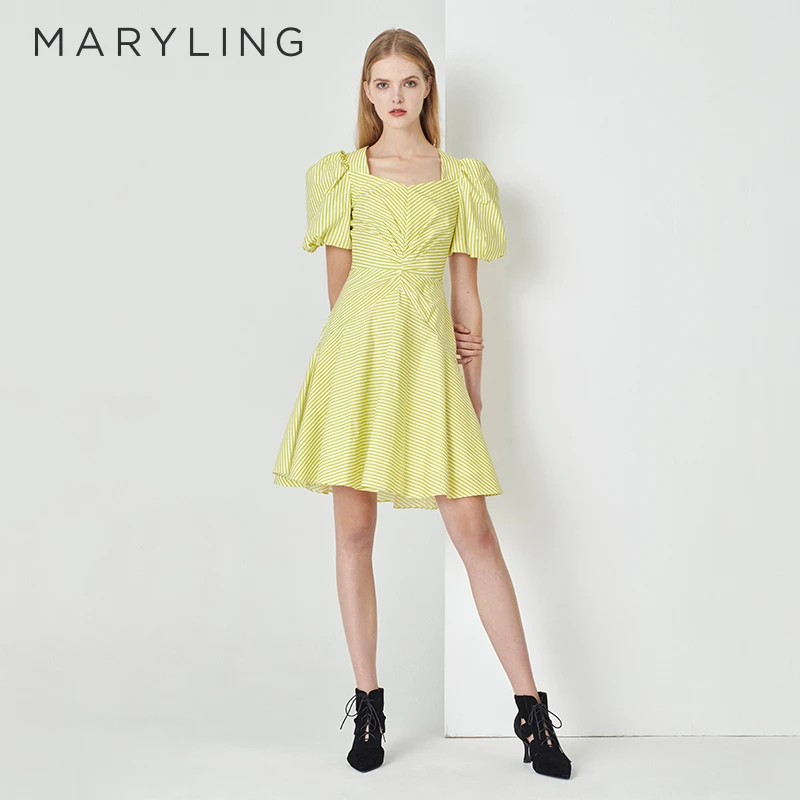 MARYLING玛俪琳初夏新品茶歇法式条纹泡泡袖女士连衣裙A1DCW63210