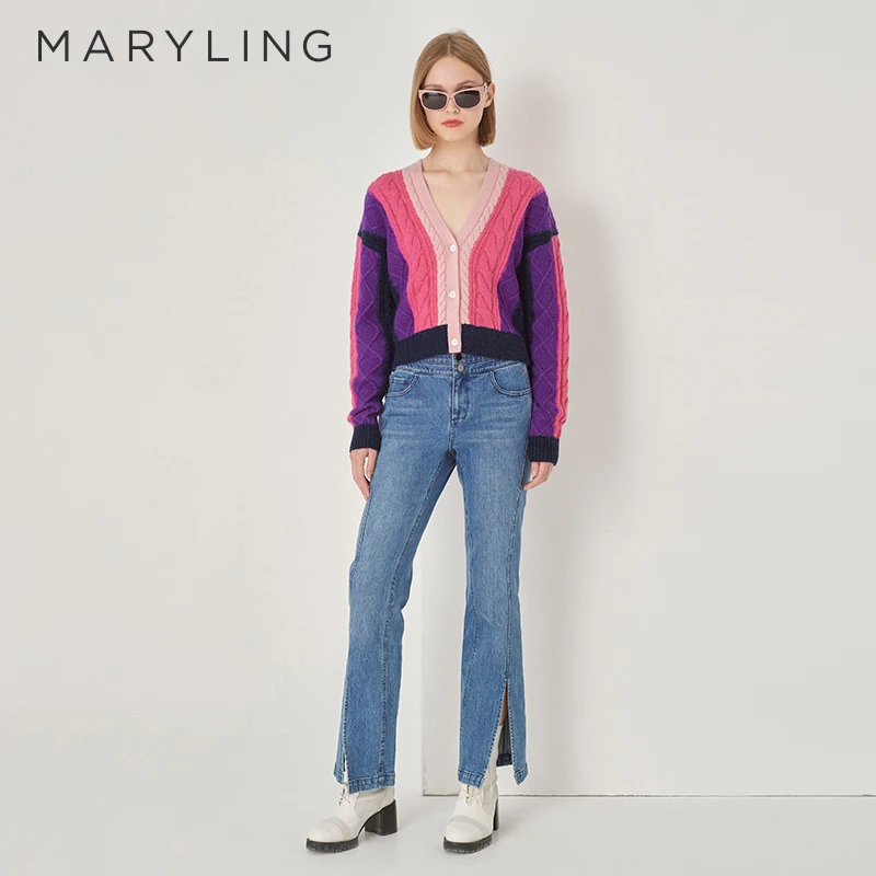 MARYLING玛俪琳冬季新品玫粉色羊毛混纺V领针织开衫A1DIW08920