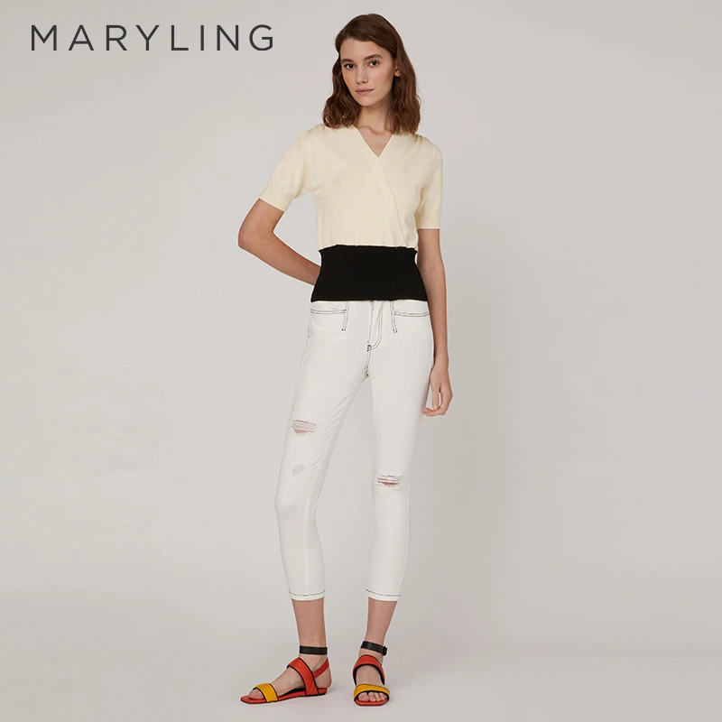MARYLING玛俪琳秋季时尚简约V领罗纹收腰短羊毛针织衫A1CBW03300