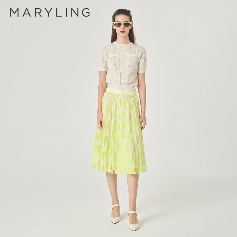MARYLING玛俪琳2024初春新品嫩黄色三角形打褶蕾丝半裙A1EAW72070