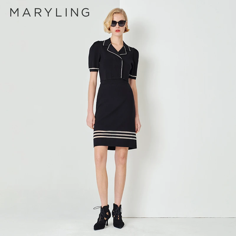 MARYLING玛俪琳春季经典时尚黑白色双排扣短款针织上衣A1DBW08060