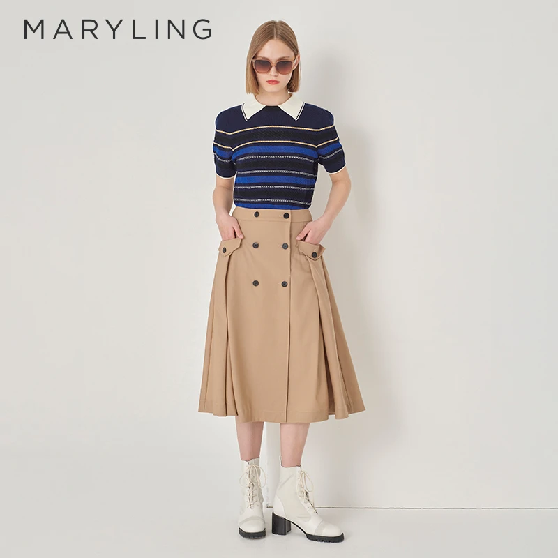 MARYLING玛俪琳初秋新品蓝色条纹翻领短袖针织套头上衣A1DFW02110