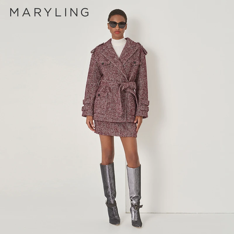 MARYLING玛俪琳冬季红白人字纹翻领中长款H型系带外套A1DHW17120