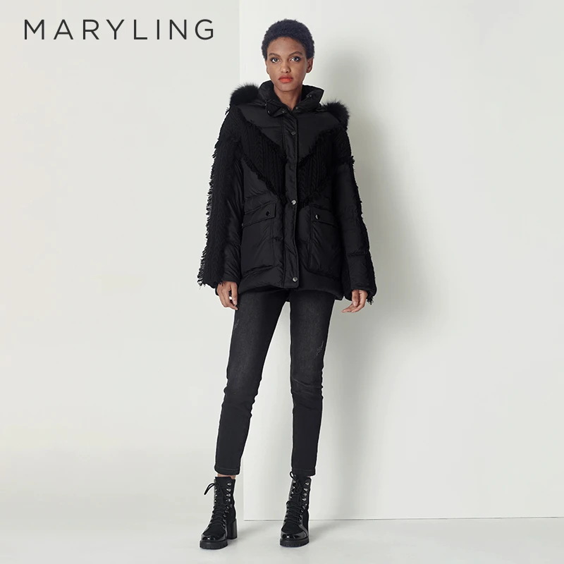 MARYLING玛俪琳秋冬时尚休闲黑色宽松流苏边毛织羽绒服A1CHW98280