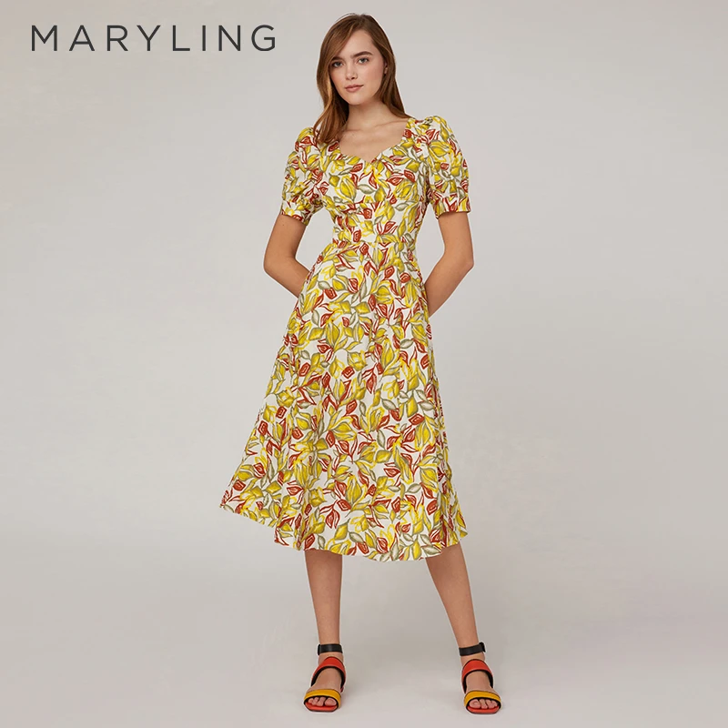 MARYLING玛俪琳夏季复古枫叶黄深V领高腰泡泡袖连衣裙A1CCW62900
