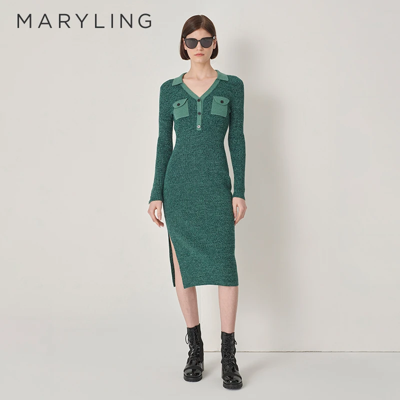 MARYLING玛俪琳秋季绿色翻领撞色口袋设计针织连衣裙A1DGW04690