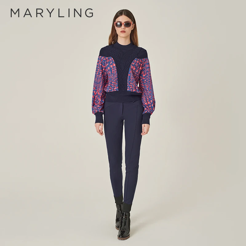 MARYLING玛俪琳2024初冬新品日常百搭针梭印花上衣女A1EHW26650