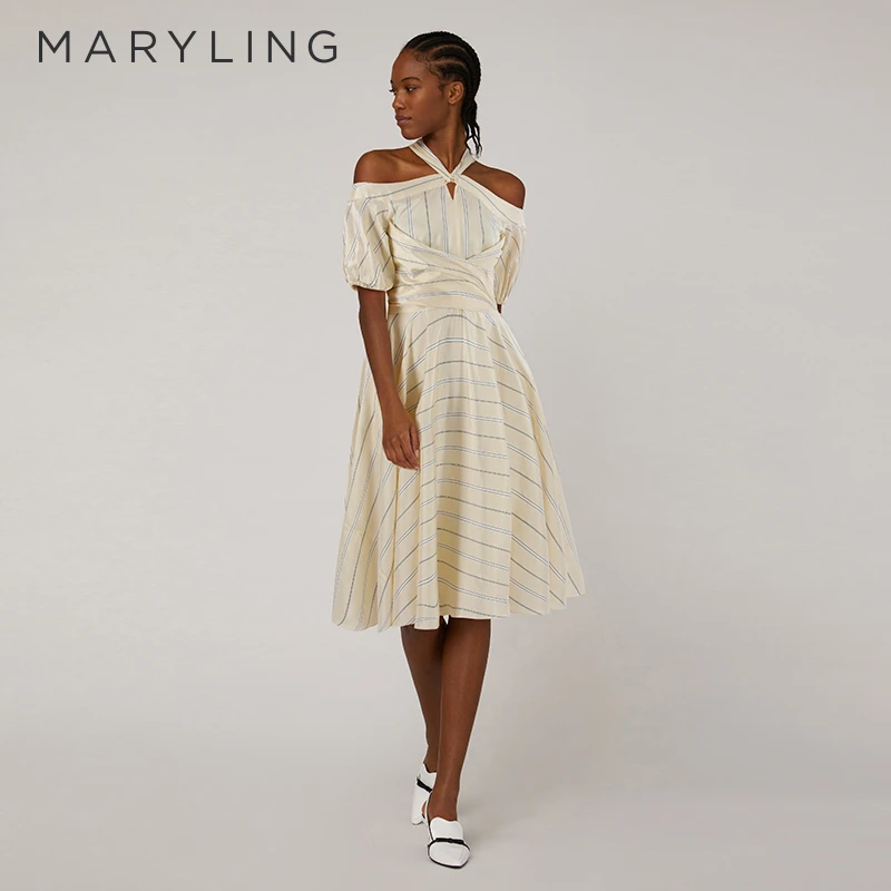 MARYLING玛俪琳夏季时尚米色V领落肩条纹印花连衣裙A1CDW63620